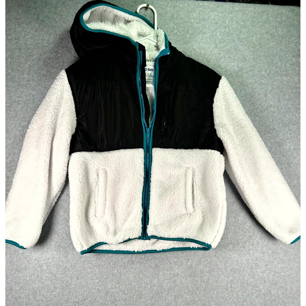 Old Navy Sherpa Jacket Boys L 10-12 White Black Hooded Cozy Warm Outdoor Winter